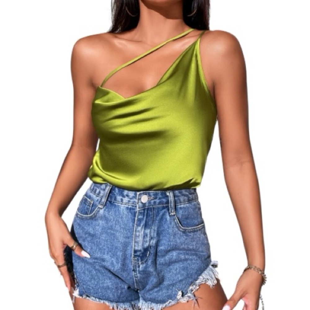 Satin Green Asymmetrical One Shoulder Strap Crossover Drape Neck Bodysuit Top S